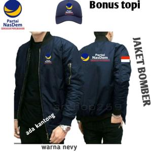 Konveksi jaket bomber partai Nasdem plus bonus topi jaring - nevy, M